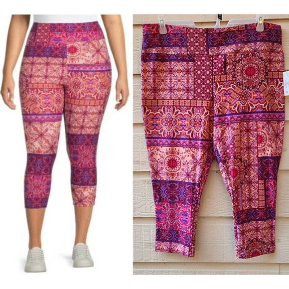 Leggings Capri Stampati Terra &amp; Sky Per Donne Curvy &ndash; Taglie Forti 0X-3X, Vita Alta, Morbidissimi, Fantasia Floreale